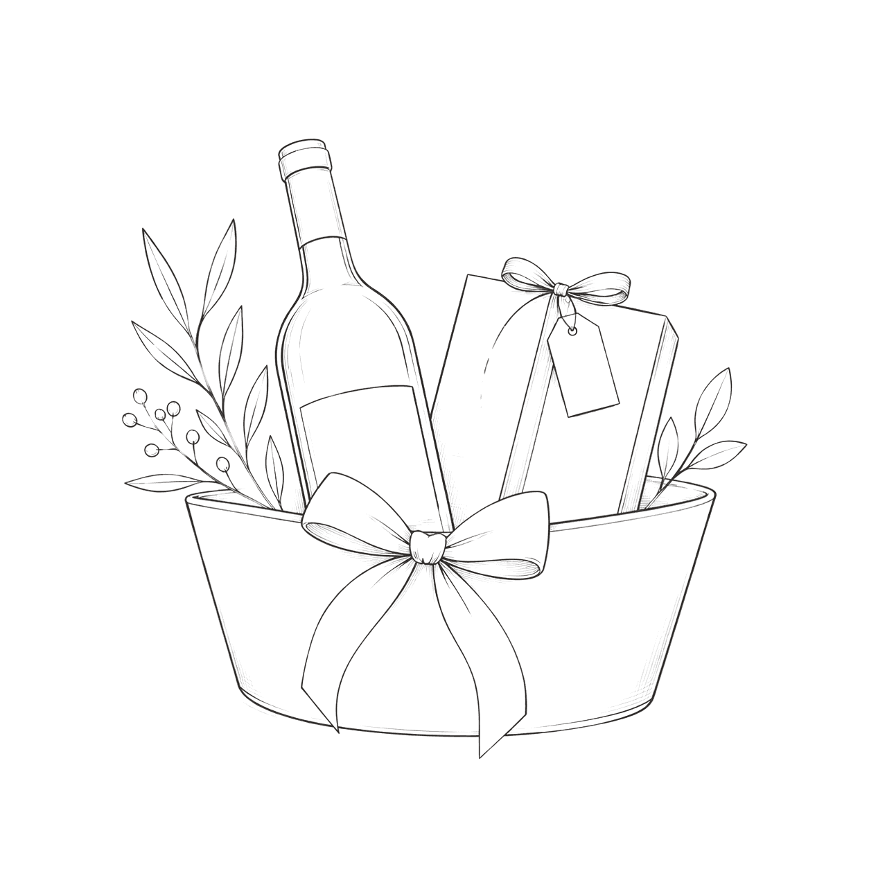 Hand-sketched illustration of a gift hamper with wine, a wrapped gift box and ribbon